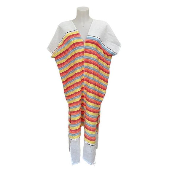 Lemlem  MOKATI FRINGED STRIPED COTTON-BLEND GAUZE KAFTAN IN WHITE sz‎ small new - Picture 1 of 7